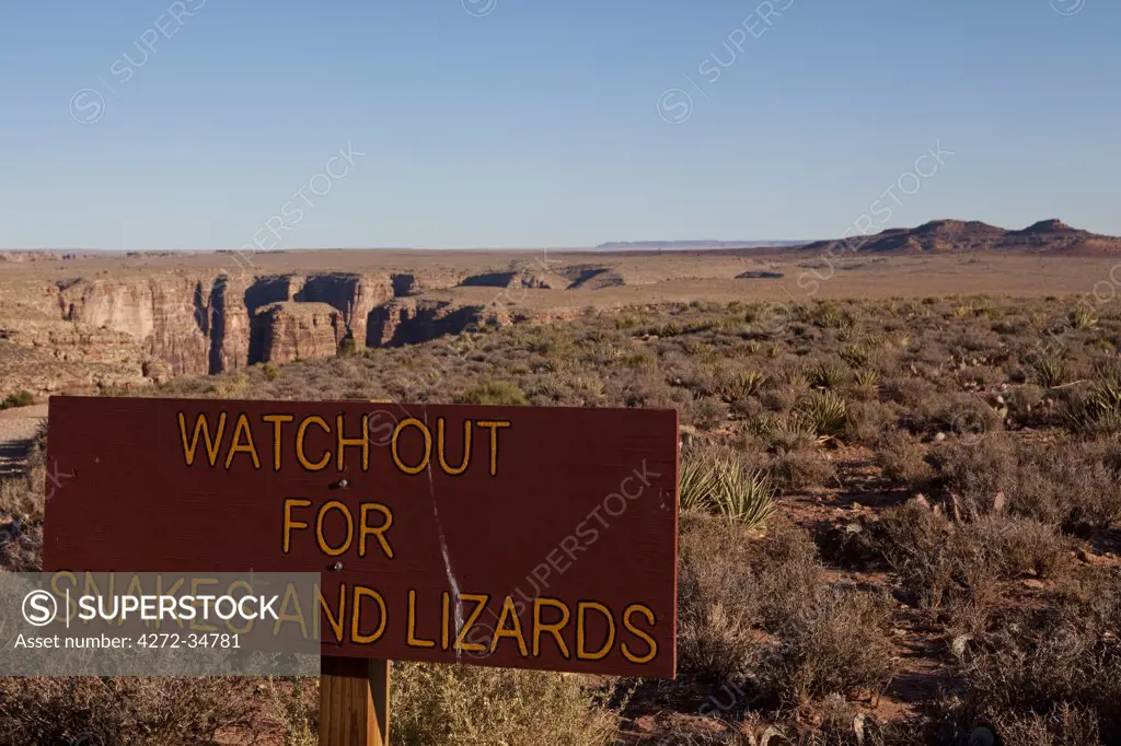 USA, Arizona, near Mojave a sign warns of the presence of snakes, notably rattlers, and lizards
