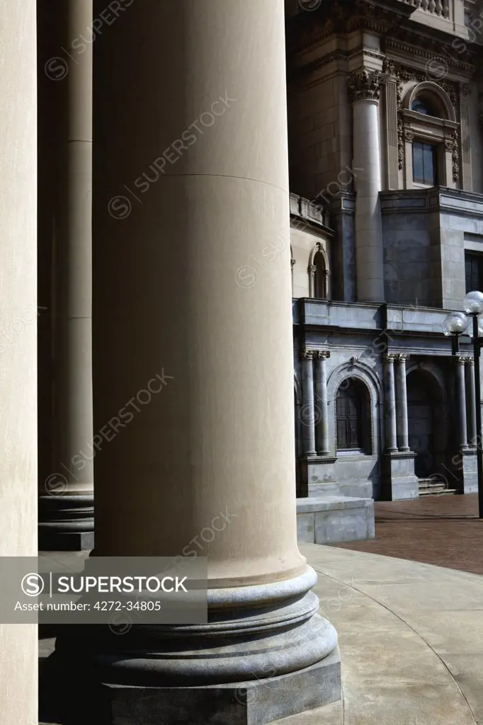 USA, Massachusetts, Boston.  Renaissance style columns and architecture of The Mother Church, The First Church of Christ, Scientist, in Boston, Massachusetts founded by Mary Baker Eddy 1879