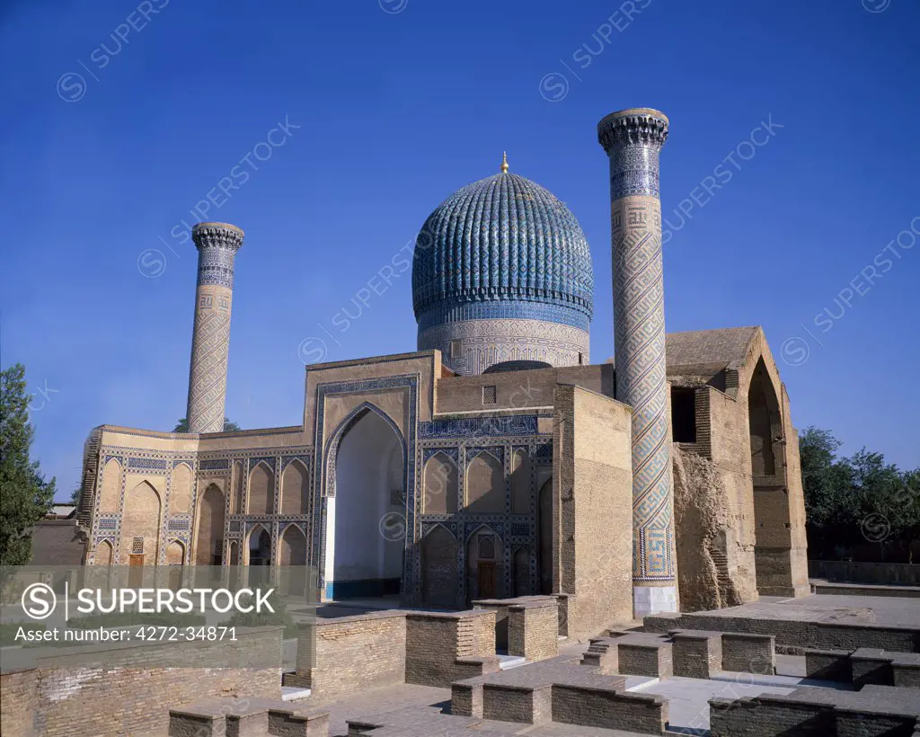Gur-e-Mir, a mausoleum commissioned by Timur and completed in 1404AD for his grandson and heir Muhammed Sultan who died campaigning.  A year later, Timur died and was interred alongside Muhammed.