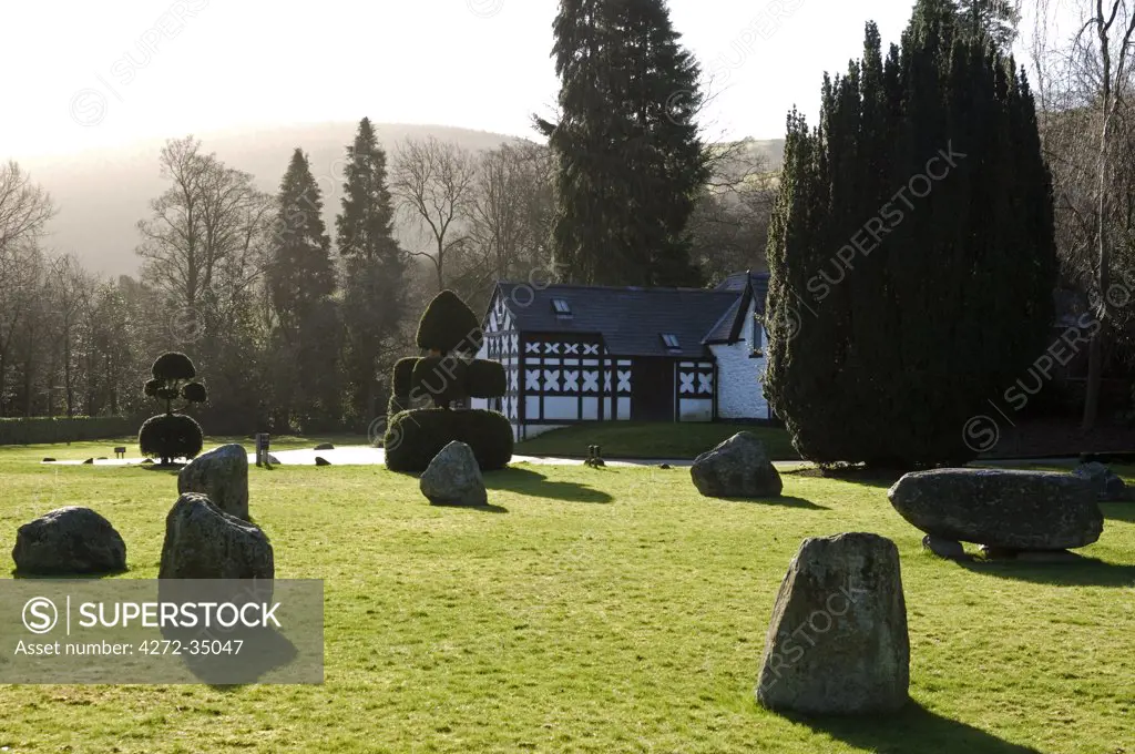 Wales, Denbighshire, Llangollen. A stone circle built for the Eisteddfod in front of Plas Newydd, once home of the celebrated Ladies of Llangollen, Lady Eleanor Butler and Lady Sarah Ponsonby, two aristocratic lesbians who lived there at the end of the eighteenth century.