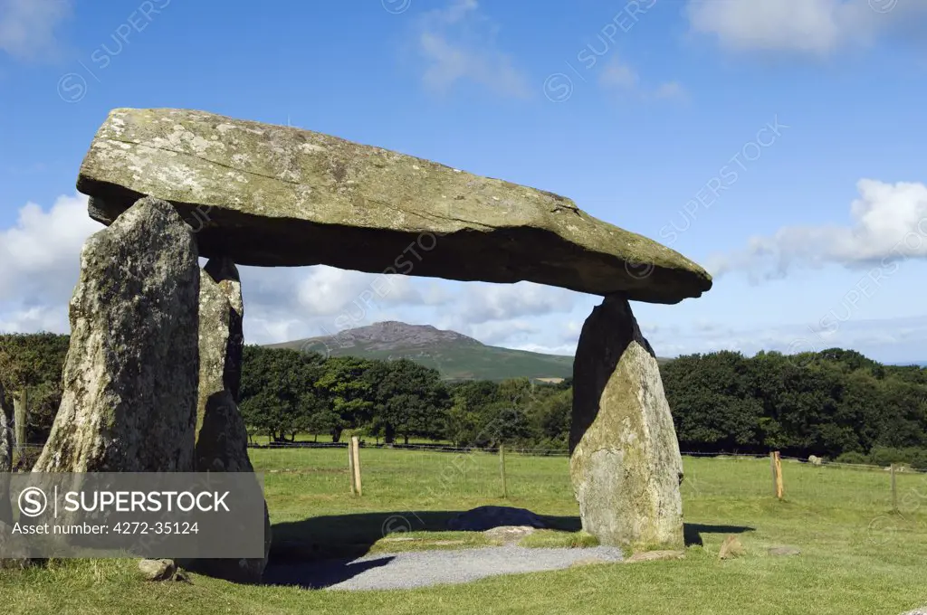 UK, Wales, Pembrokeshire. The site of the ancient neolithic dolmen at Pentre Ifan, Wales's most famous megalith, the remains of a vast Celtic burial mound.