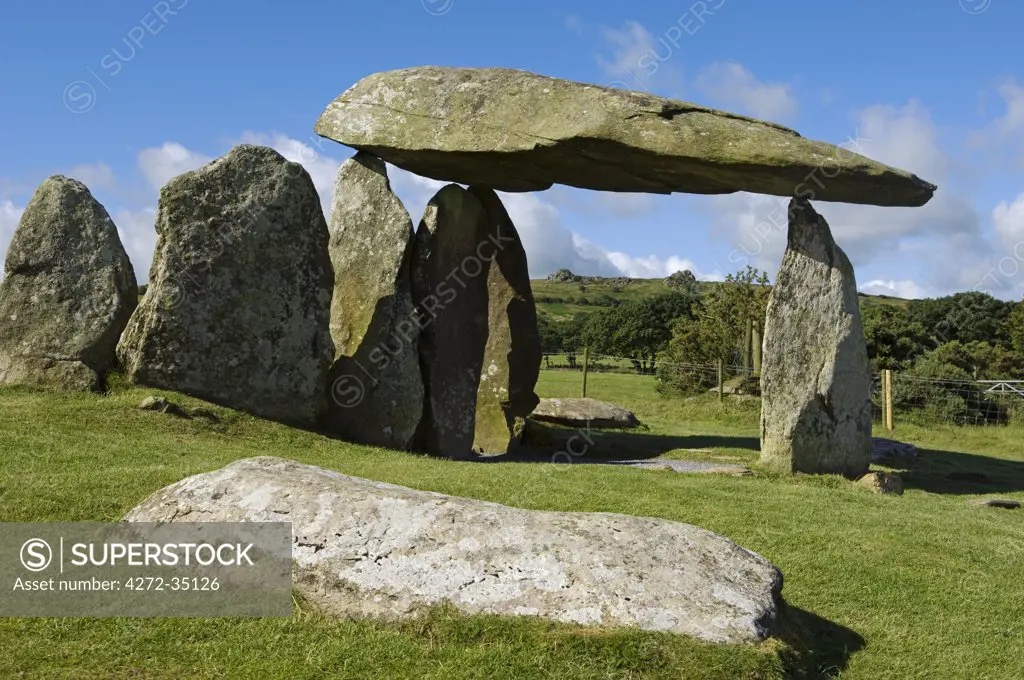 UK, Wales, Pembrokeshire. The site of the ancient neolithic dolmen at Pentre Ifan, Wales's most famous megalith, the remains of a vast Celtic burial mound.