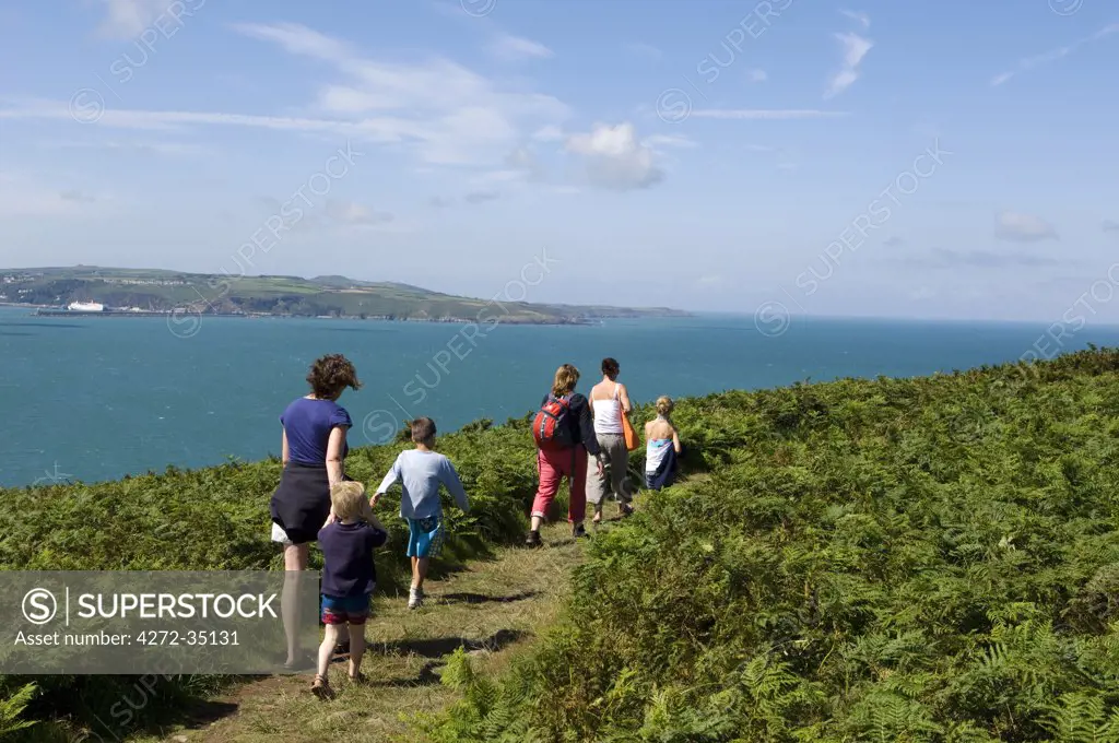 UK, Wales, Pembrokeshire. A family walks along the Pembrokeshire Coastal Path around Dinas Head with views of Fishguard Bay and Crincoed Point in the distance.