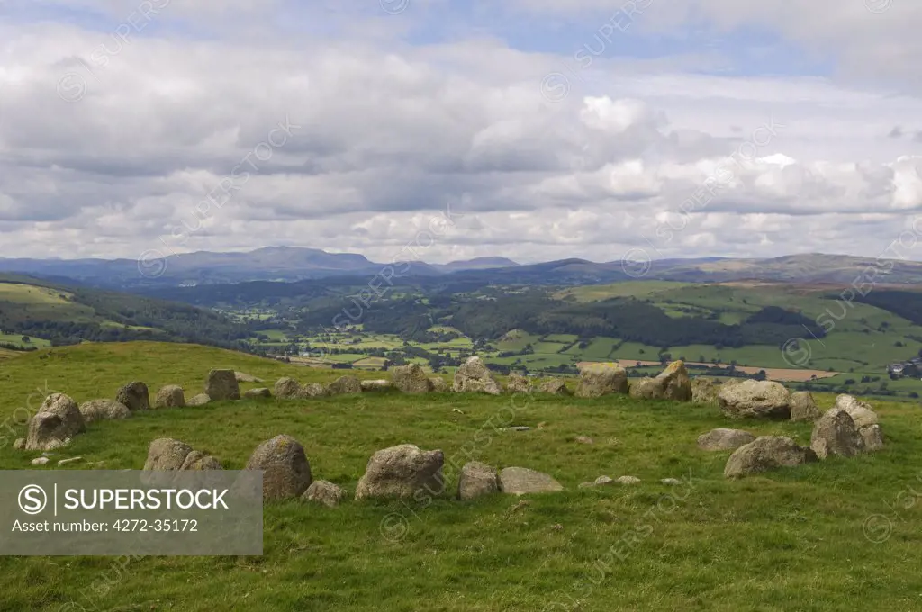 Wales, Denbighshire, Llandrillo. Moel Ty Uchaf a stone circle of 41 stones with a cist in the centre stands on the edge of the Berwyn Mountains