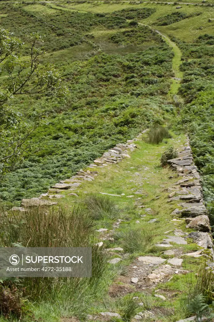 Wales, Conwy, Snowdonia. An old disused tramway runs down from the derelict slate quarries and copper mines alongside the Watkin Path one of the routes up Snowdon.