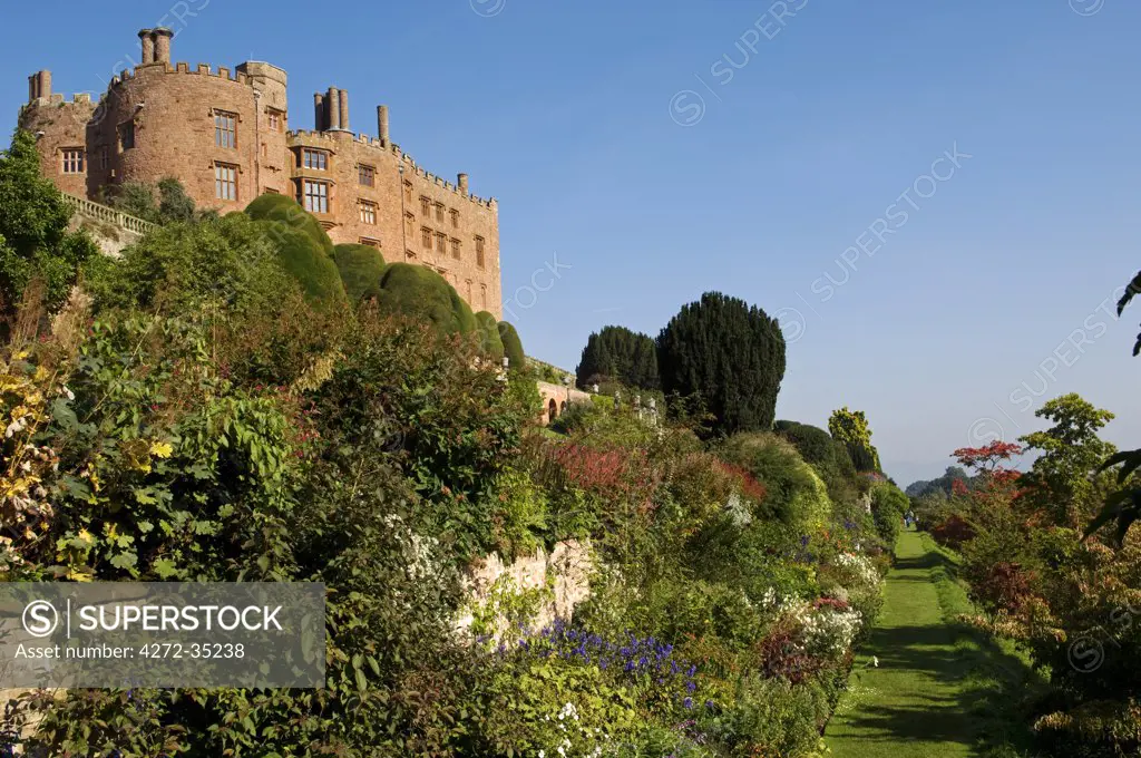 Wales; Powys; Welshpool. View along the flower filled borders of the Lower Terrace in the spectacular garden at  Powis Castle
