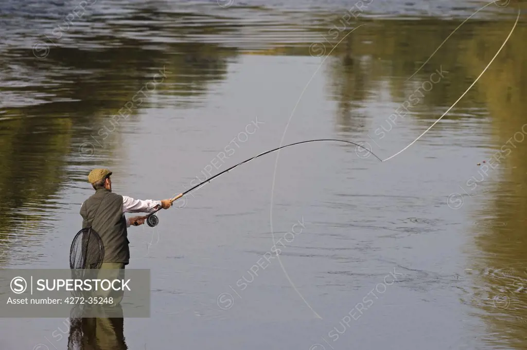 Wales; Wrexham. A salmon fisherman casting on the River Dee