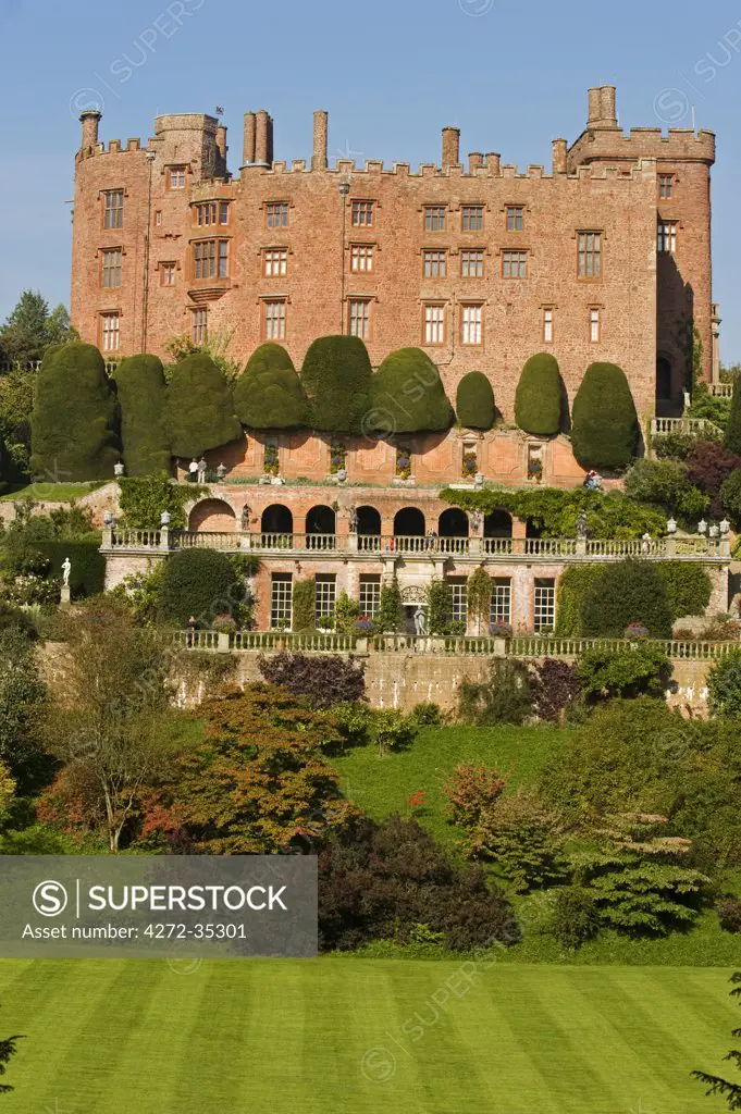 Wales; Powys; View of Powis Castle and the layers of Italianate  terraces with the famous yew trees in the spectacular garden SuperStock