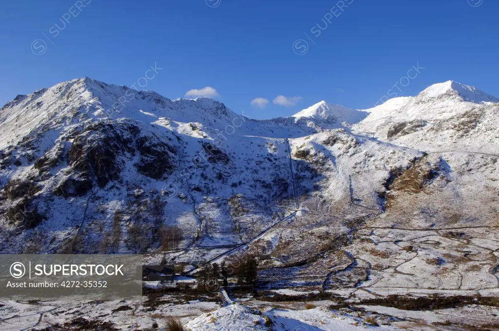Wales, Gwynedd, Snowdonia. View of the Snowdon Horseshoe in winter from the east.