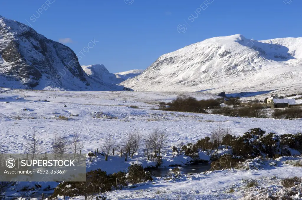 Wales, Gwynedd, Snowdonia. View up the Ogwen Valley in winter.