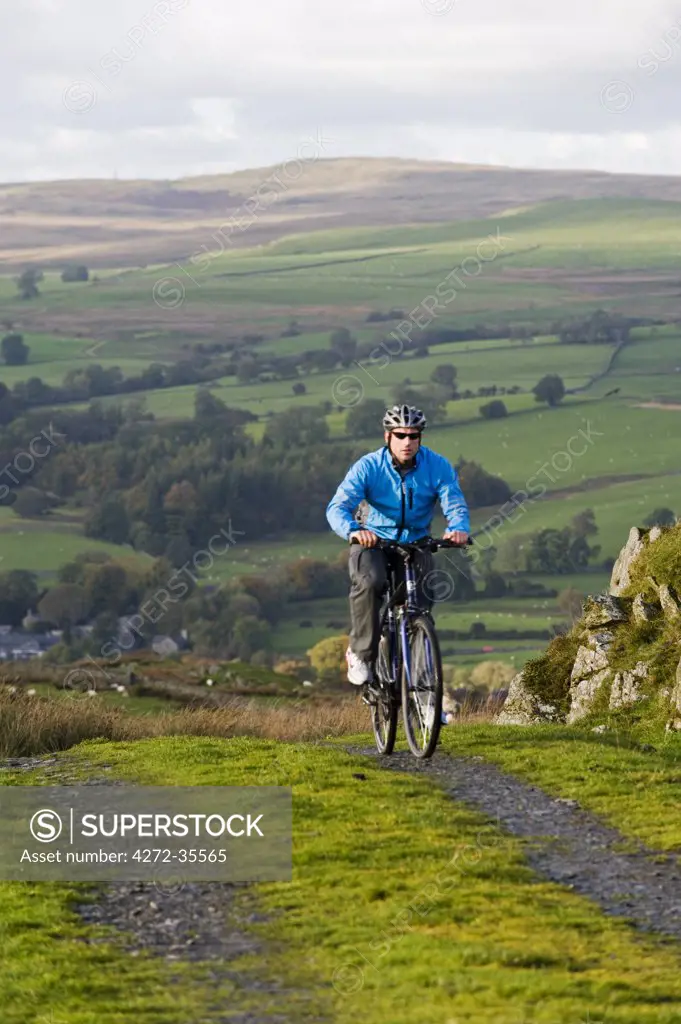 Gilar Farm, Snowdonia, North Wales. Man mountain biking on a farm track.  (MR)