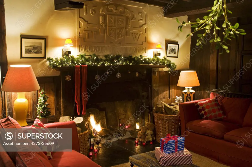 Gilar Farm, Snowdonia, North Wales.  The sitting room of this traditional Welsh farmhouse decorated for Christmas.