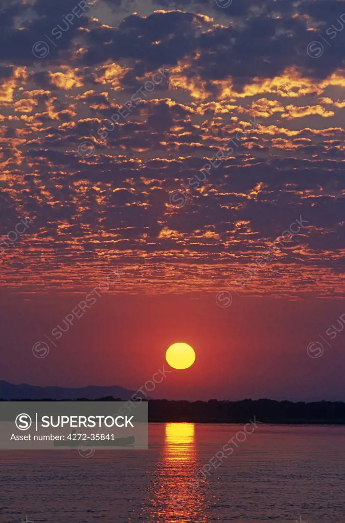 Zambia, Lower Zambesi National Park. Canoeing on the Zambezi River at sun rise under a mackerel sky.