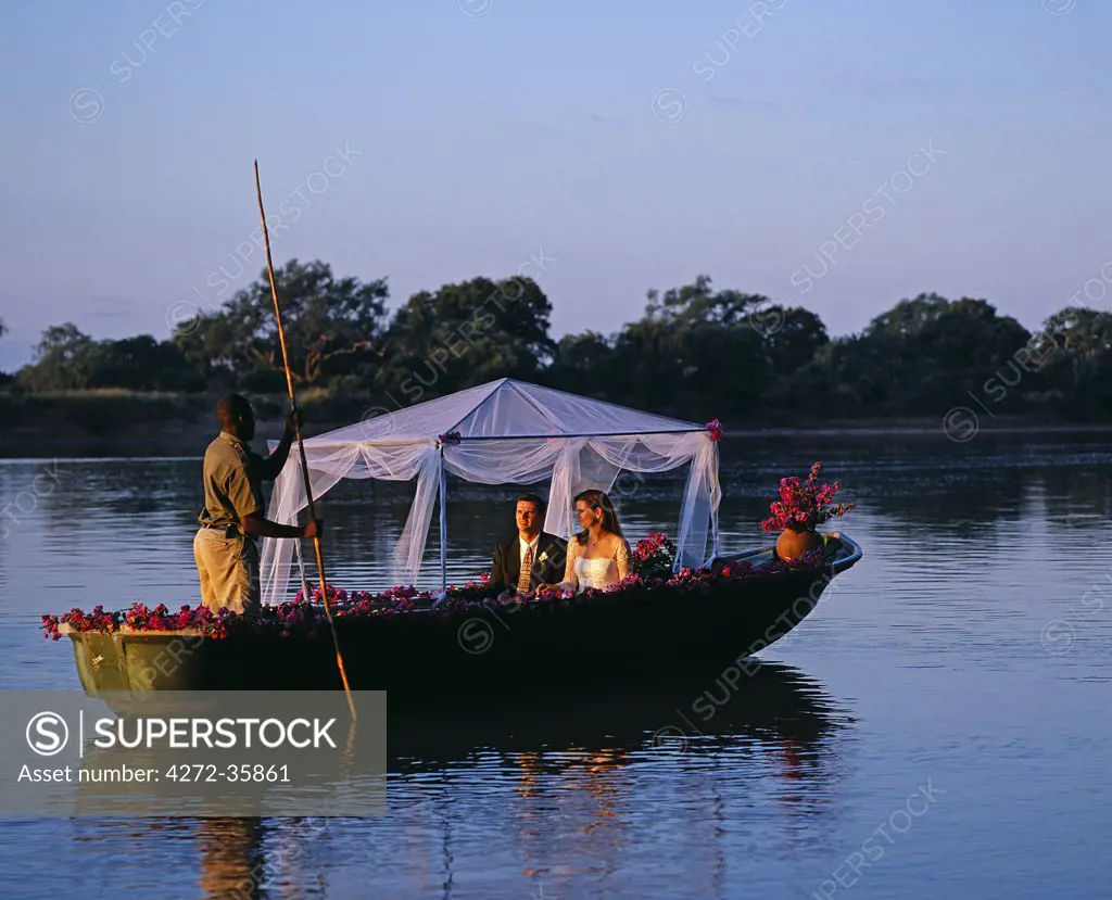 Zambia, South Luangwa National Park, Robin Pope Safaris. Bush wedding at RPS; bride and groom going away in a safari gondola on the Luangwa River.