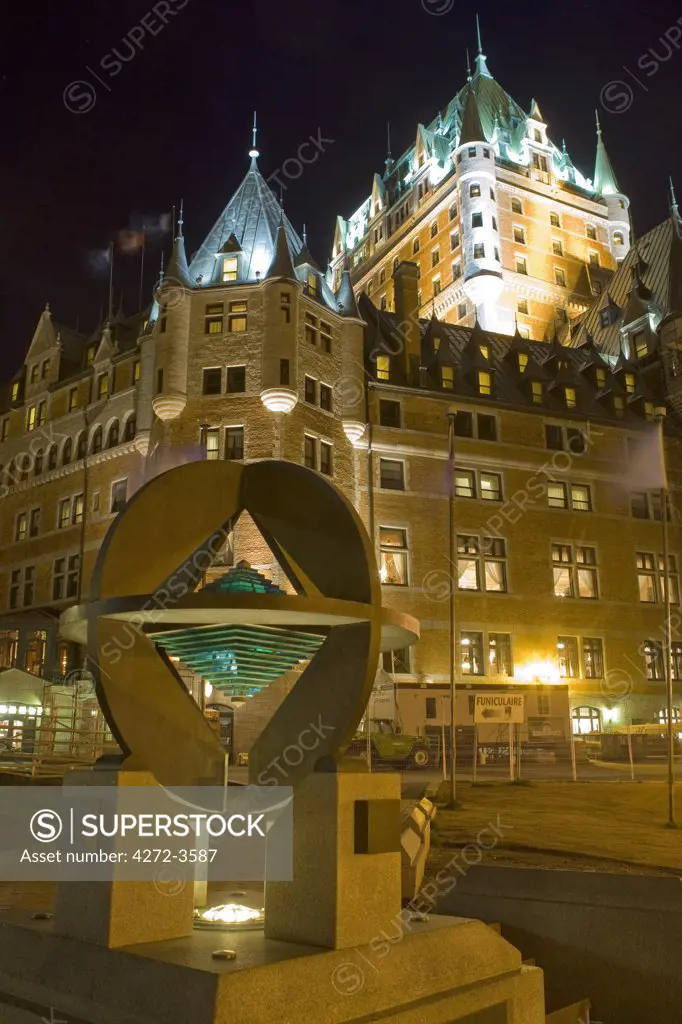 Quebec City, Canada. The United Nations monument in front of the Chateau Frontenac in Quebec City