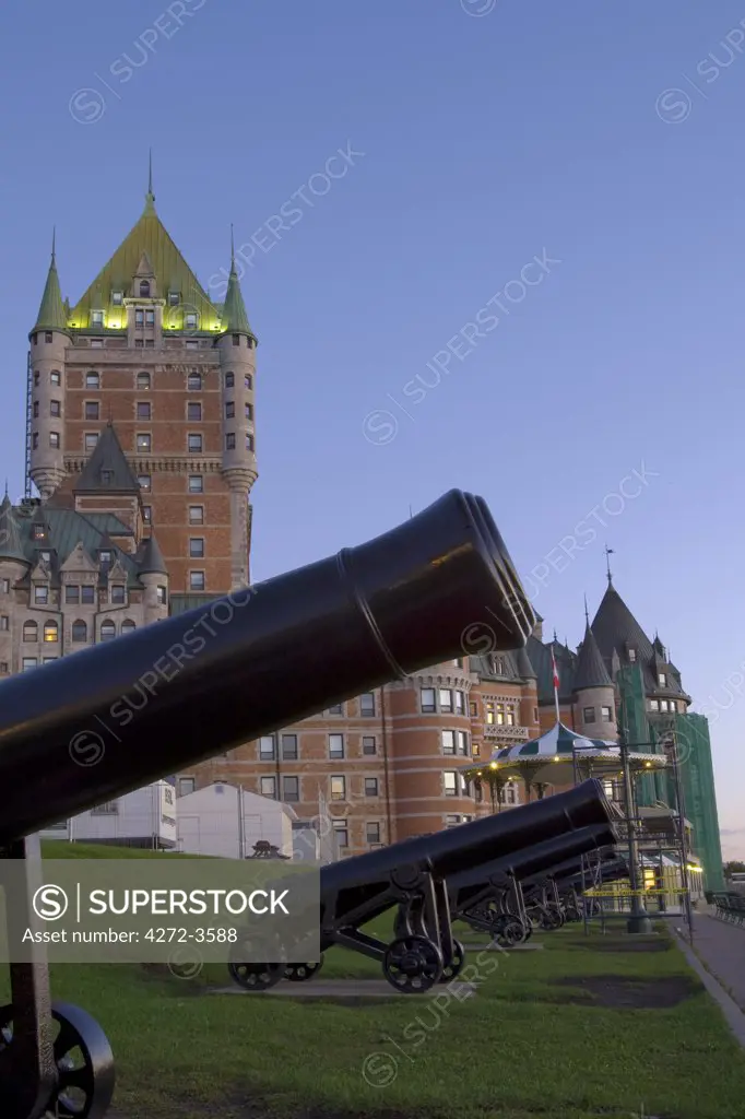Quebec City, Canada. Canons along Dufferin Terrace in front of the Chateau Frontenac in Quebec City