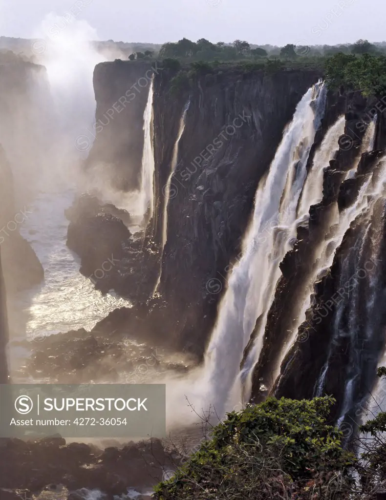 Late afternoon sunlight adds a glow to the magnificent Victoria Falls.  The Falls are more than a mile wide and are one of the world's greatest natural wonders. The mighty Zambezi River drops over 300 feet in a thunderous roar with clouds of spray