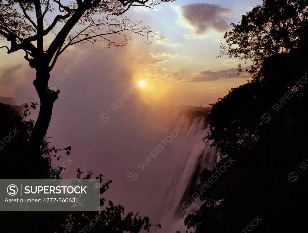 Sunset over the magnificent Victoria Falls. The Falls are more than a mile wide and are one of the world's greatest natural wonders. The mighty Zambezi River drops over 300 feet in a thunderous roar with clouds of spray.