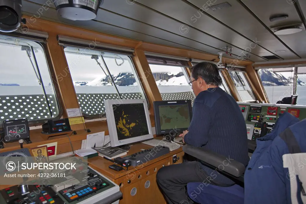 The Bridge of the Expedition Ship Ocean Nova manned by the First Officer.