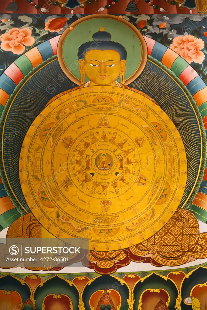 Wall painting of Buddha with earth-touching mudra at Tango Monastery.