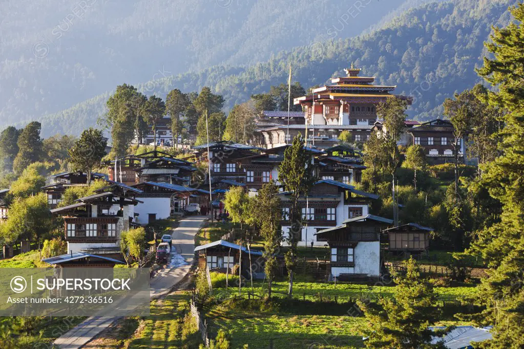 Morning light on the village of Gangtey, situated at the head of the Phobjikha Valley.