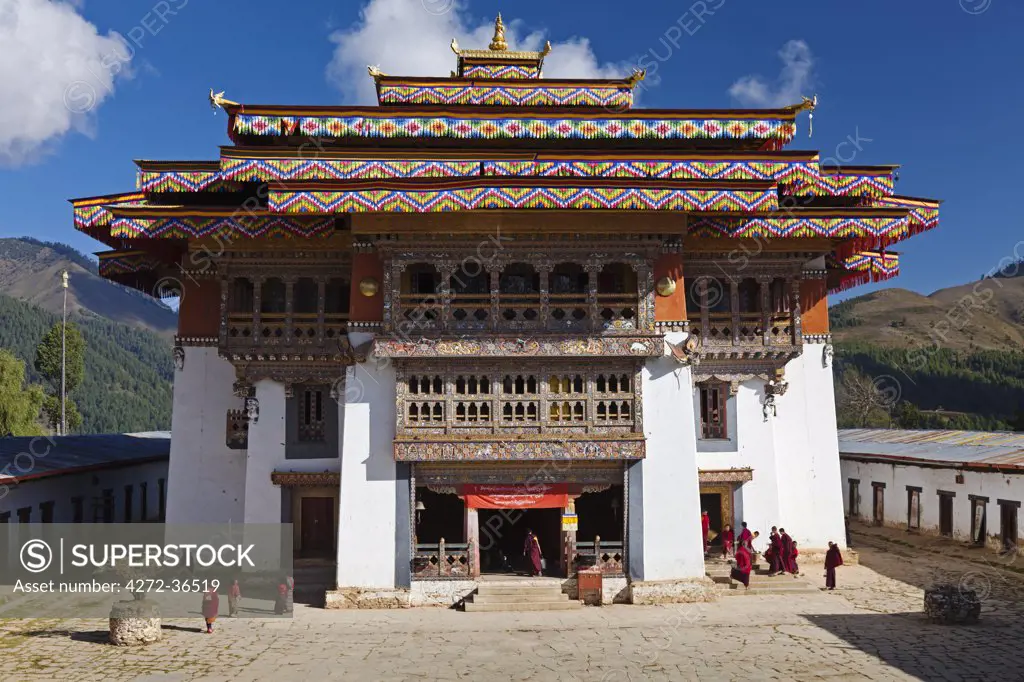 The great monastery of Gangtey, dating back to the 17th century, decorated with banner flags in preparation for a puja.