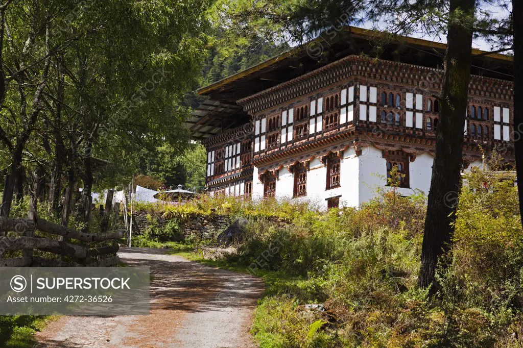 Traditional Bhutanese house in the Phobjikha Valley.