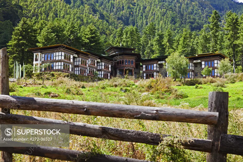 Dewachen Hotel, encircled by pine forests in the Phobjika Valley.