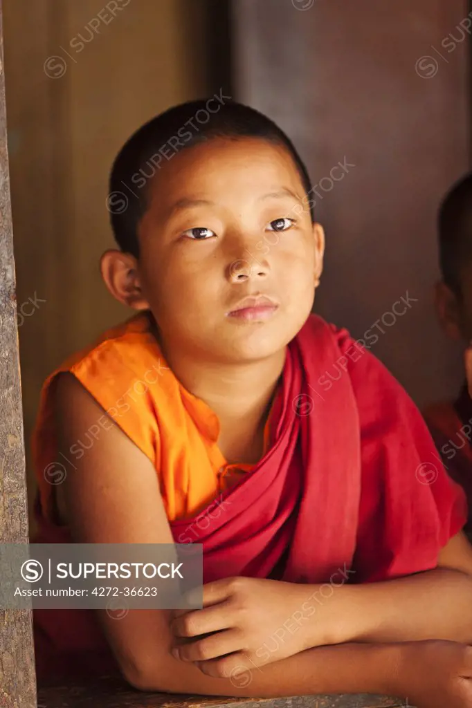 Young monk at Chimi Lhakhang, built in 1499 by the 14th Drukpa hierarch, Ngawang Choegyel.