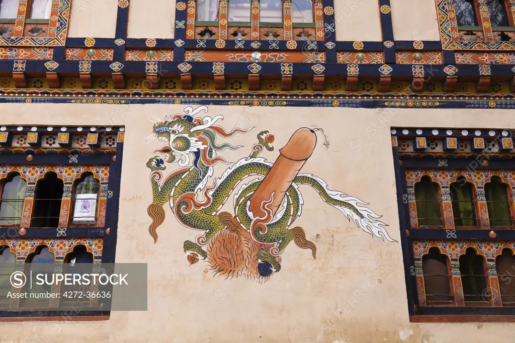 Phallus decoration on the wall of a house in Thimphu.