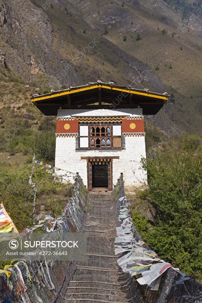 The iron suspension bridge at Tamchhog Lhakhang, a monastery built in the 14th century by Dewa Zangpo.