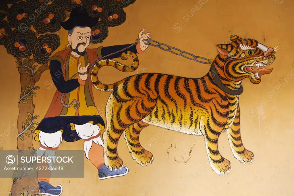 A wall painting at the 17th century Paro Dzong, one of Bhutan's most impressive and well-known dzongs.