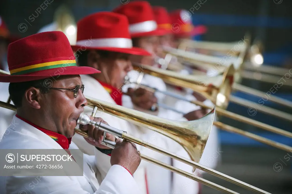 South America, Bolivia, Oruro, Oruro Carnival; Procession of trombone players