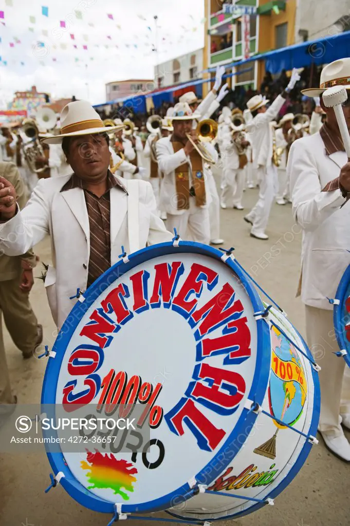 South America, Bolivia, Oruro, Oruro Carnival; Procession drum player