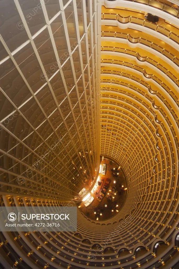 The central atrium  of the Jin Mao Tower - Grand Hyatt Hotel seen from above, Pudong, Shanghai, China.