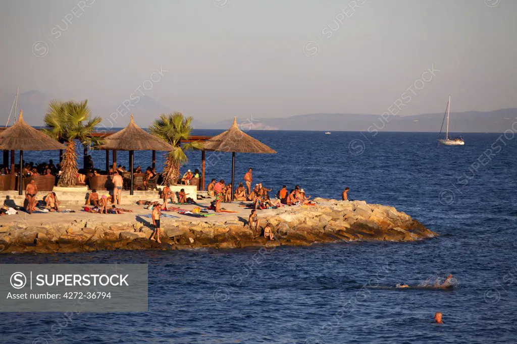 Croatia, Split, Central Europe. Bathers at one of the beaches in the suburbs of the city