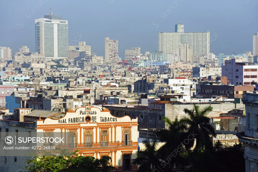 The Caribbean, West Indies, Cuba, Central Havana, Real Fabrica de Tabacas Partagas Tobacco Factory and city view