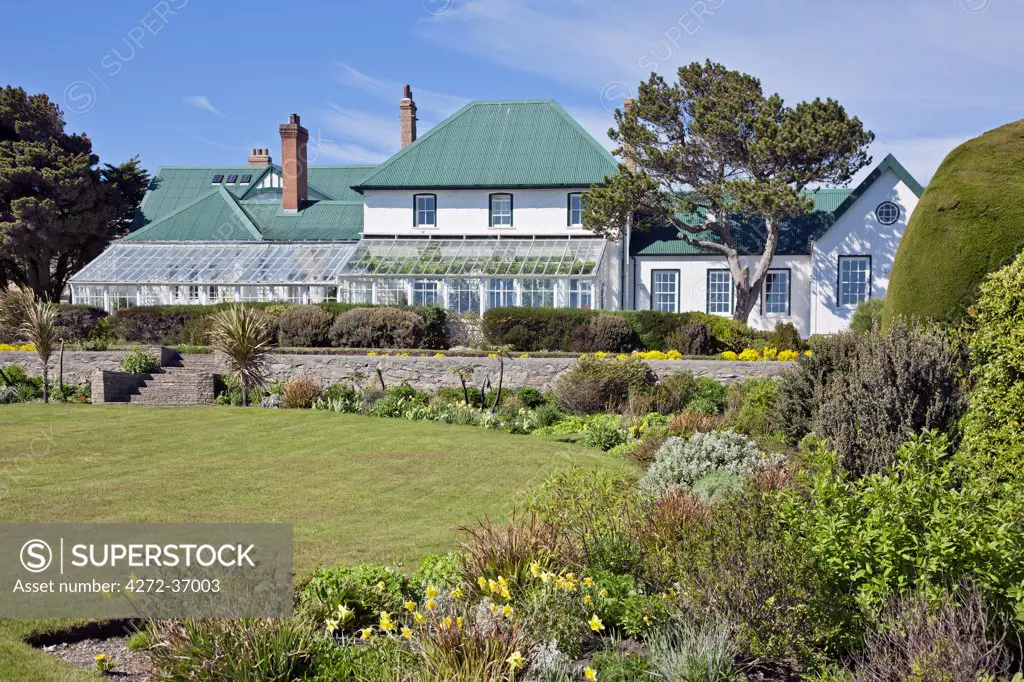 Government House at Stanley.  It has been the home of successive British governors of the Falkland Islands since 1845.  The glass conservatory houses a famous grapevine.