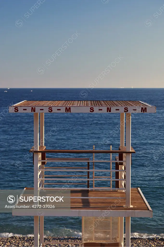 Nice,Provence-Alpes-Cote d'Azur, France. Life guard tower on Nice beach looking out towards the Mediterranean Sea
