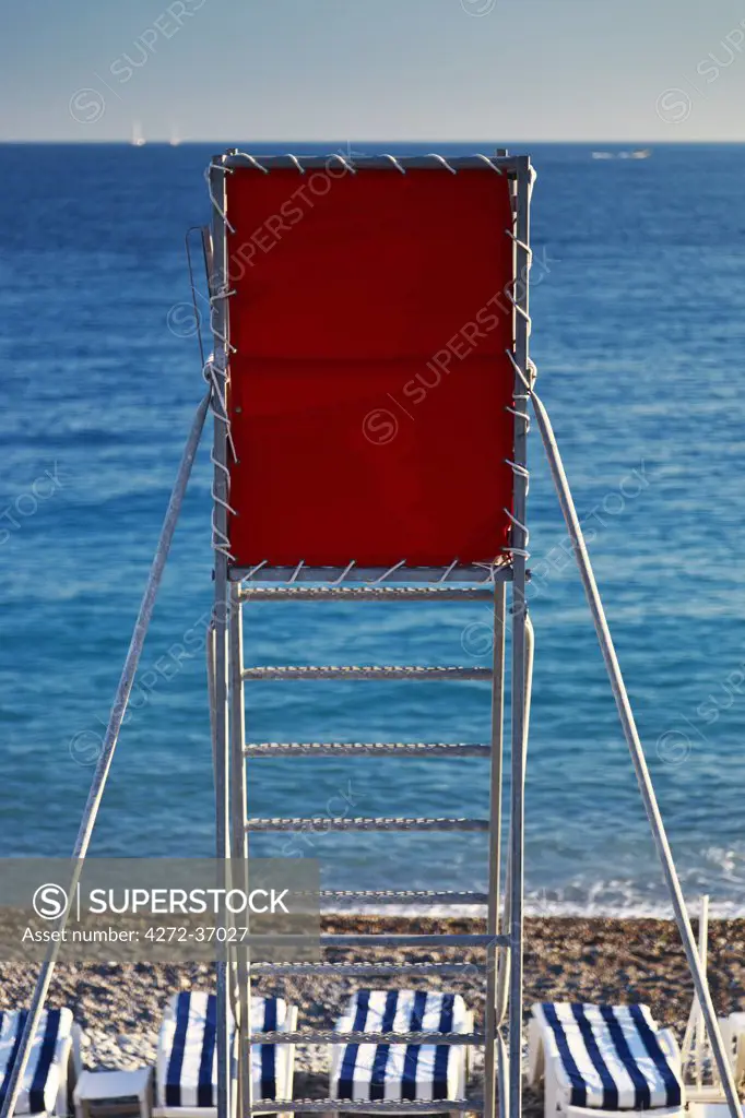 Nice,Provence-Alpes-Cote d'Azur, France. Life guard tower on Nice beach looking out towards the Mediterranean Sea.