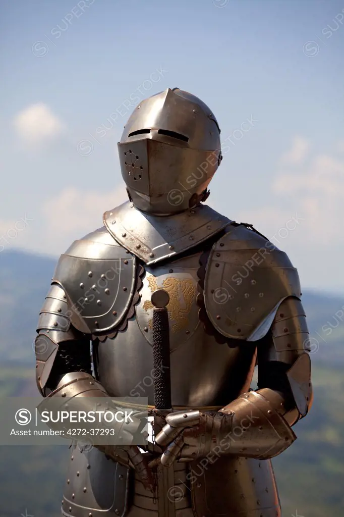 Europe, San Marino. A metal knight's armour on display