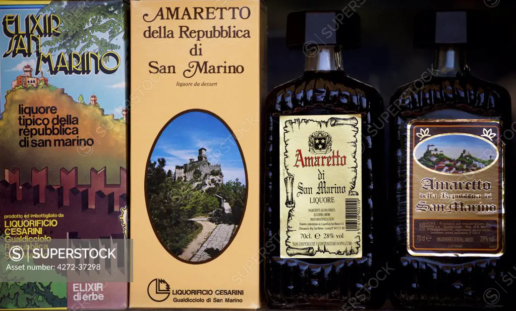 Europe, San Marino. Local alcoholic beverges on display