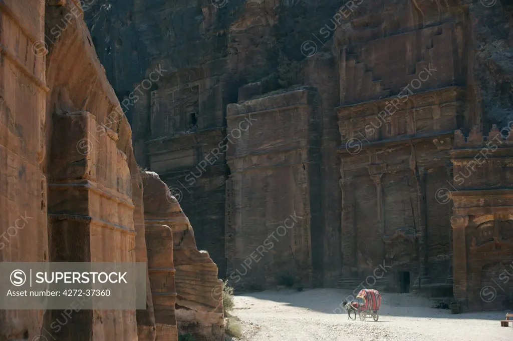 Horse drawn carriage travelling through The Siq, a narrow canyon passage leading to The Treasuary, Petra