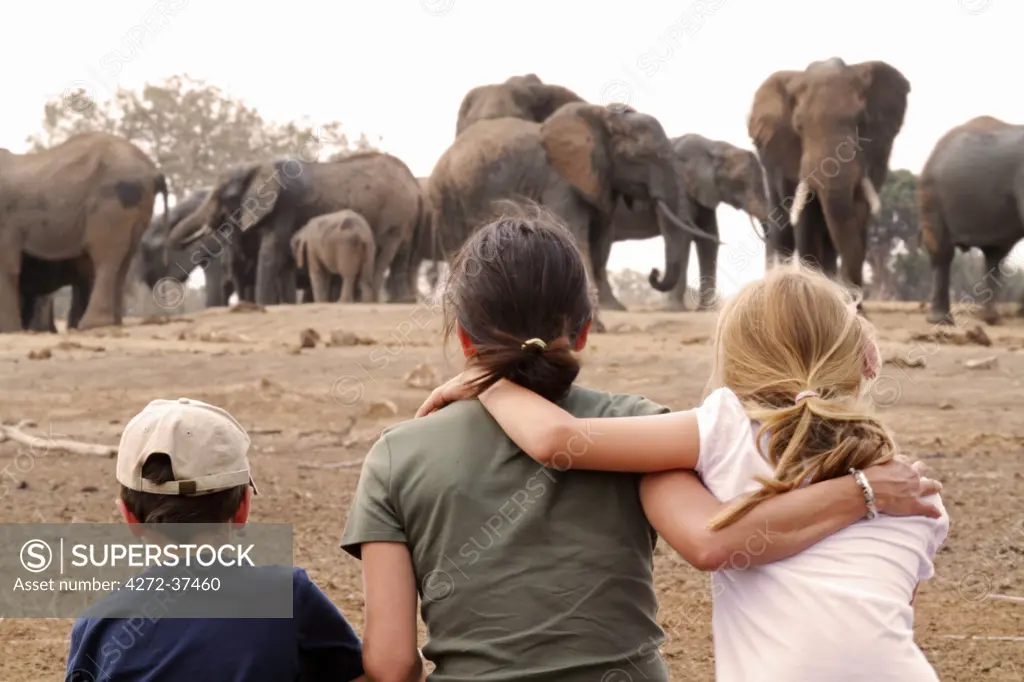 Family watching elephants at waterhole from Satao Camp in Tsavo East National Park, Kenya.