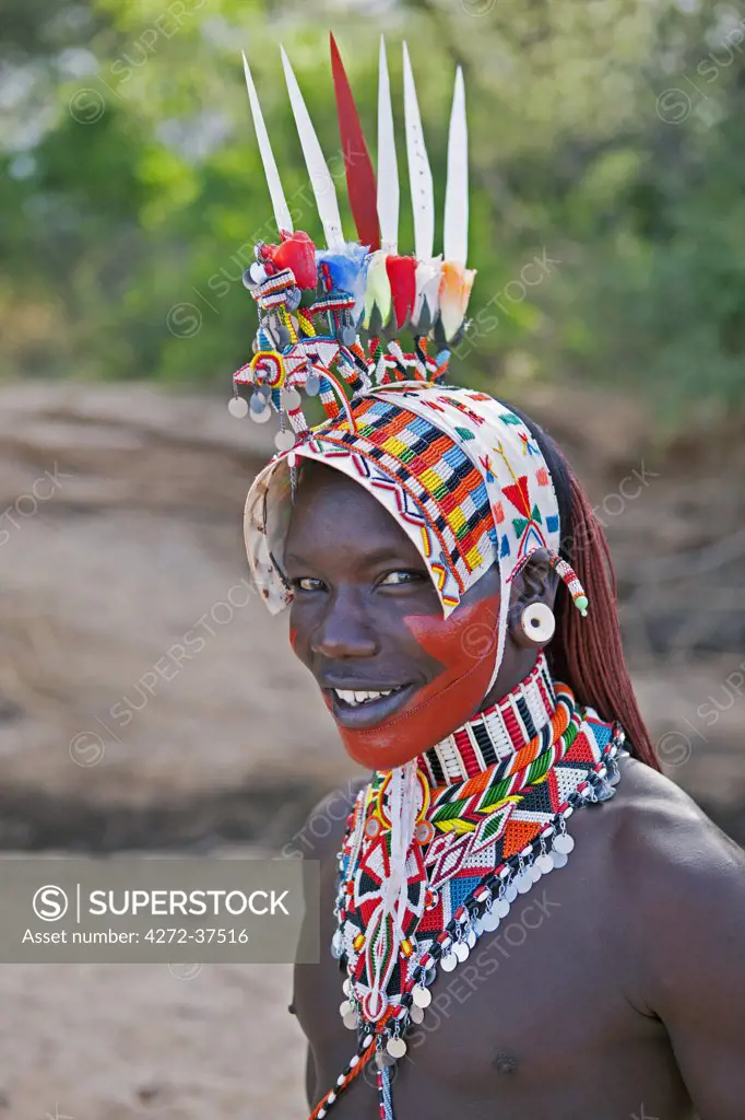 A Samburu warrior in all his finery. Milgis, Kenya