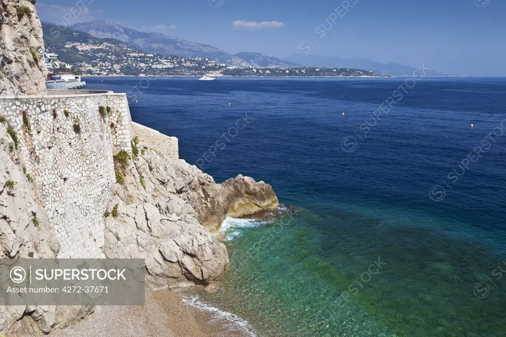 View across Monaco towards Roquebrune Cap Martin from La Condamine, Pointe de la Poudriere, Monaco.