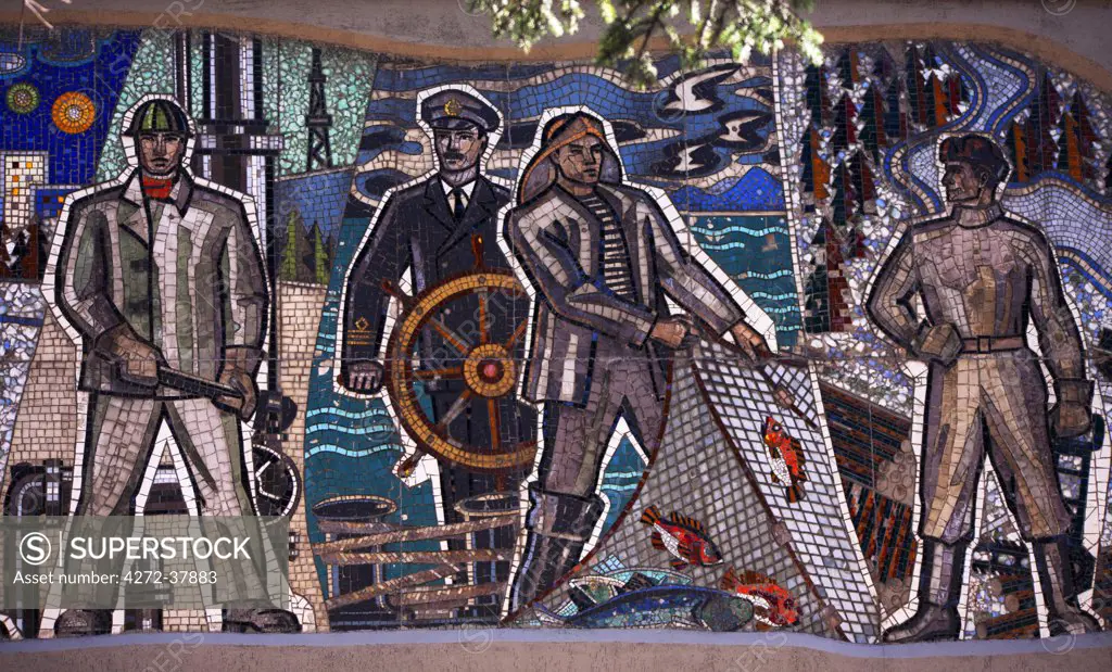 Sakhalin, Yuzhno-Sakhalin, Russia; Mosaics with 'Socialist-realism' themes dating back to the Soviet era