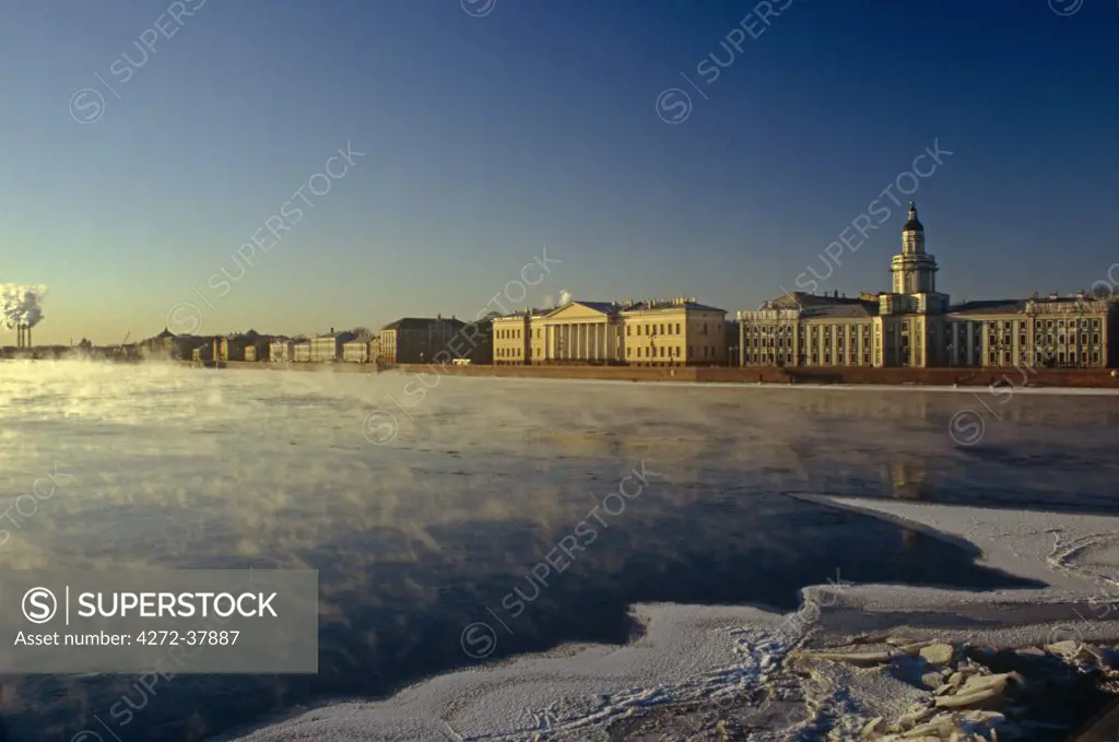 Russia, St.Petersburg. Across the frozen Neva river, the Kunstkamera