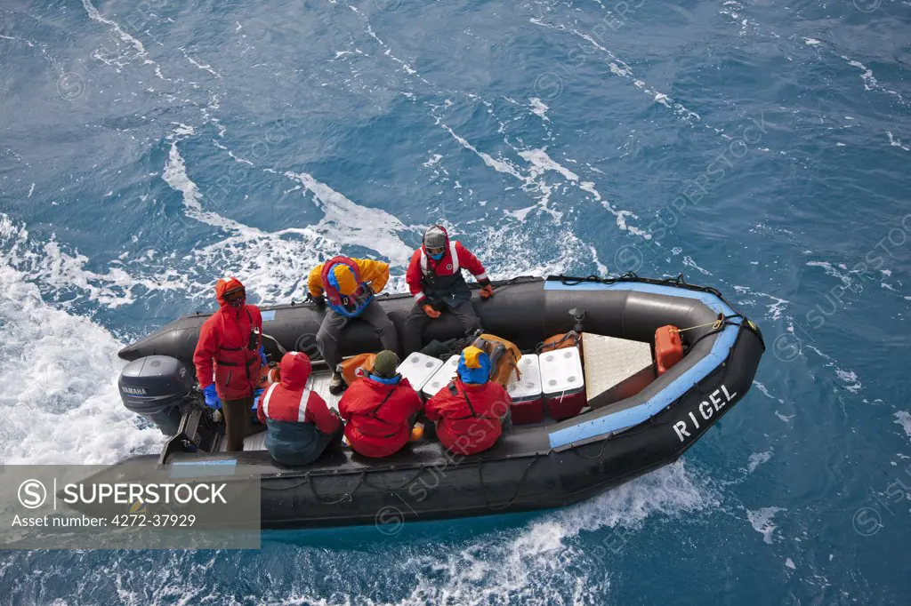 A Zodiac inflatable boat leaving the expedition ship Ocean Nova for Right Whale Bay near the northeast tip of South Georgia