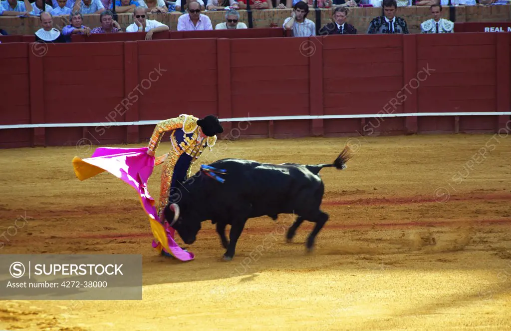 Spain, Andalusia, Seville; A toreador during the bull fight at the oldest bull ring in the world  'La Maestranza' in central Seville